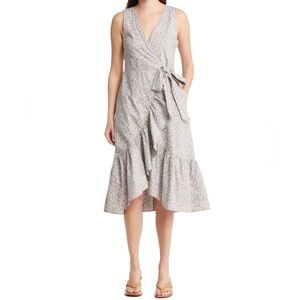 Madewell Floral Ruffle Trim Wrap Dress Cotton Large lavender gray white NWT